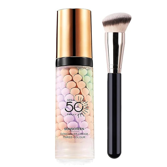 Firstfly Color Correcting Makeup Primer with SPF 50, Sunscreen 3 In 1 Moisturizer Isolation Cream, One Step Skin Tone Corrector for Dark Circles & Fine Lines, Makeup Brush Include
