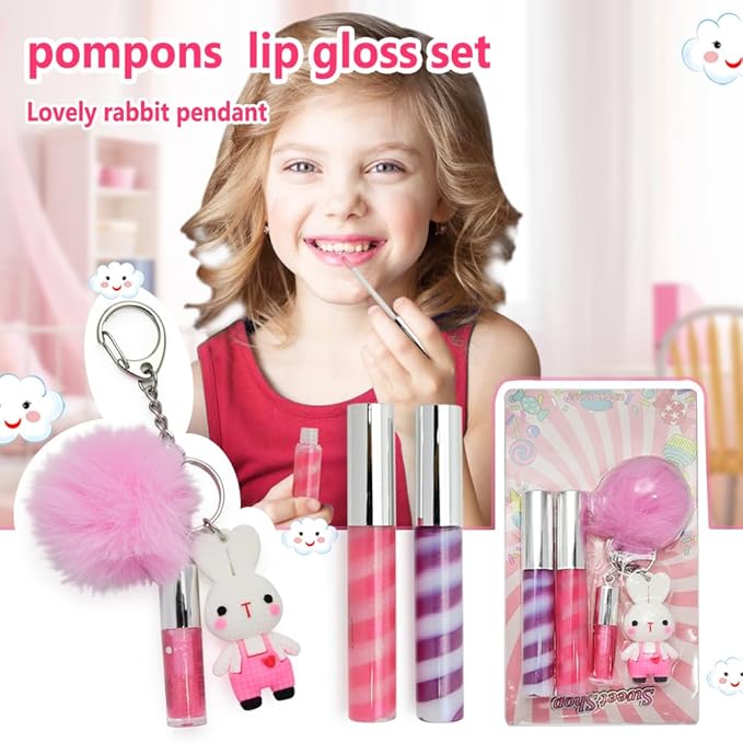 IBI Keychain Lip Glosses Set, Girls Party Favor Including 3Pcs Assorted Flavors Moisturizing Shimmer Lip Glosses for Kids and Teens Ages 5+