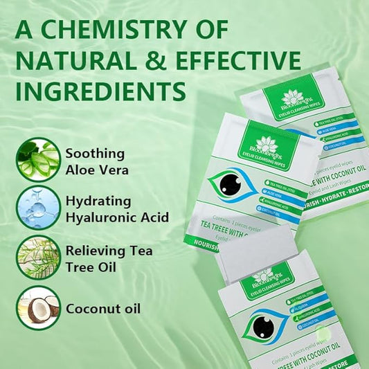 60 Pcs Tea Tree Oil Eyelid Cleansing Lash Wipes with Coconut Hyaluronic Acid Green Tea Chamomile Aloe Vera Itchy Stye Eyes Relief Natural Individually Wrapped Makeup Remover Daily Cleanser