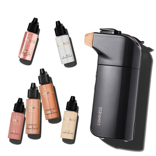 Luminess BREEZE DUO Airbrush Makeup System, Warm Coverage – 9-Piece Kit includes 2x Silk Airbrush Foundation, Soft Rose Blush, Glow Highlighter, Moisturizer Primer, and Airbrush Cleaning Solution