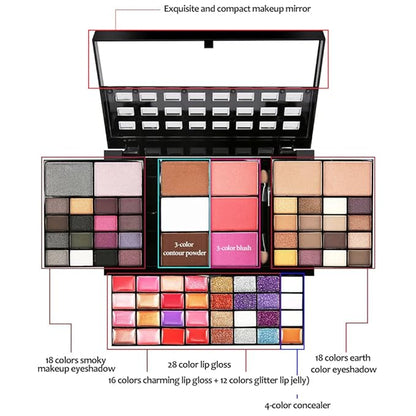 74 Colors Cosmetic Makeup Palette Set Kit Combination with Eyeshadow Facial Blusher Eyebrow Powder Face Concealer Powder With Mirror + 13pcs brush All-in-One Makeup Kit