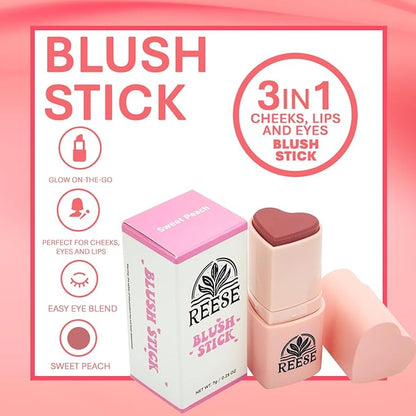 3-in-1 Multifunction Blush Stick - Blush, Lip Tint, Eye Shadow - Creamy, Long-Lasting, Easy Application for a Flawless Look (Sweet Peach, Small)