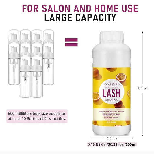 600ml Lash Shampoo Bulk, Eyelash Cleanser for Extensions, Safe Makeup Remover, Non-irritating or Burning Formula Eyelid Foaming Cleanser Best for Professional Salon and Home Use (Passion Fruit)
