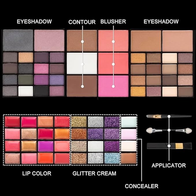 All in One Makeup Full Kit, 74 Colors Professional Makeup Gift Set, Include 36 Eyeshadow, 16 Lip Gloss, 12 Glitter Cream, 4 Concealer, 3 Blusher, 2 Highlight and Contour, 1 Bronzer