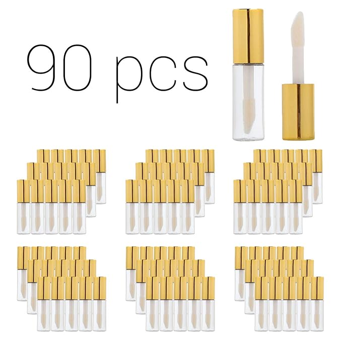 Case of 90 packs, Empty Plastic Clear Lip Gloss Tubes Lip Balm Bottle Container Gold Transparent 1.2ML Makeup Tool for Women (90 pcs, Gold)
