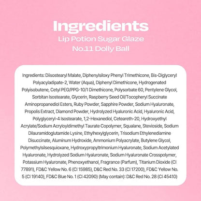 Lip Potion Sugar Glaze Tint | K-Beauty High-Shine & Long-Lasting Lip Tint | Hydrating, Non-Sticky Glossy Finish | 7 Shades | 0.3 Oz (No.11 Dolly Ball)