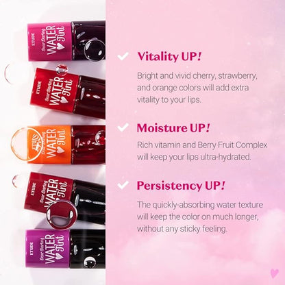 ETUDE Dear Darling Water Tint 3 Color SET (Cherry Ade+Strawberry Ade+Orange Ade, 9g*3) | Vivid Color Lip Stain with Moisturizing Weightless & Non-sticky Finish | Korean Makeup, Perfect for Gift