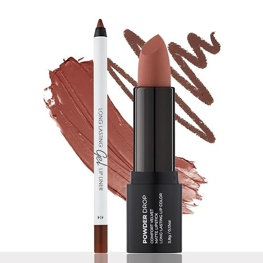 Brown Matte Lip Essentials Bundle: Gel Lip Liner Pencil 414 and Powder Drop Lipstick 405Set