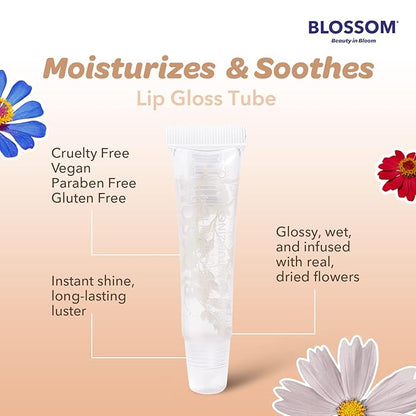 Blossom Lip Gloss Tubes, Coconut Macaroon Scented Thick Clear High Shine Moisturizing Flower Lip Gel with Nourishing Jojoba Seed Oil, Infused with Real Flowers, 0.3oz, Coconut Macaroon