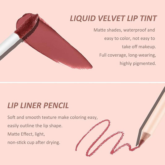 Boobeen Liquid Matte Lipstick and Lip Line Pencil Set, Nude Red Lip Makeup Longwear Waterproof Lipliner Pens & Velvet Lip Stain Lip Gloss Smooth Matte Lip Color Make Up Gift Set