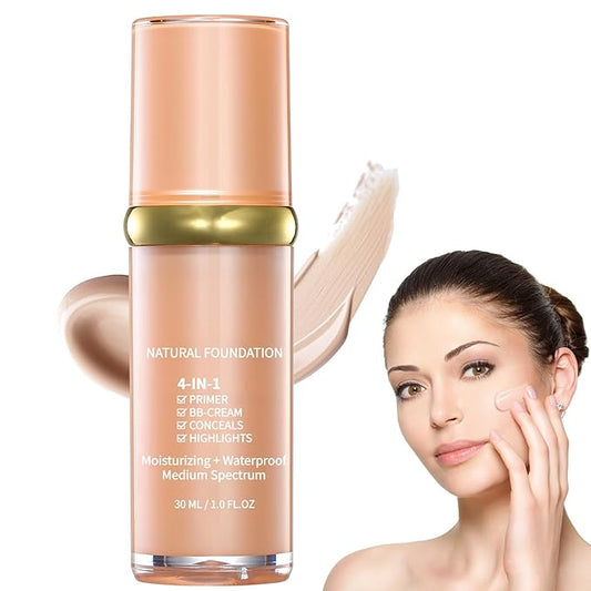 4 in 1 Foundation Liquid, Medium Coverage Foundation Makeup with Flawless Finish - Longwear & Waterproof - Moisturizing, Hydrating & Lightweight Foundation for All Skin Types, Vegan & Cruelty-Free