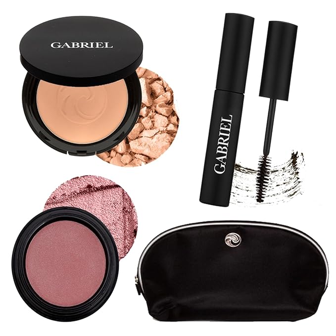 Gabriel Cosmetics About Face Set- Dual Powder Foundation (Olive), 3-in-1 Multi Pot (Florentina), Mascara (Black) and Gabriel Makeup Bag (Olive SET)