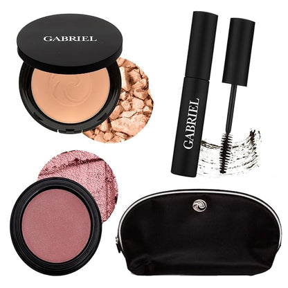 Gabriel Cosmetics About Face Set- Dual Powder Foundation (Olive), 3-in-1 Multi Pot (Florentina), Mascara (Black) and Gabriel Makeup Bag (Olive SET)