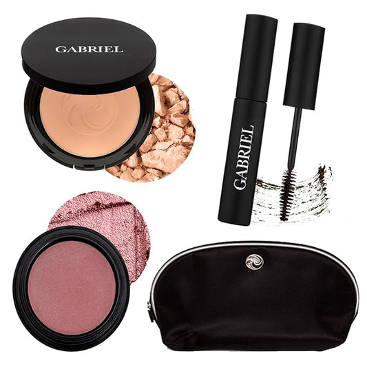 Gabriel Cosmetics About Face Set- Dual Powder Foundation (Olive), 3-in-1 Multi Pot (Florentina), Mascara (Black) and Gabriel Makeup Bag (Olive SET)