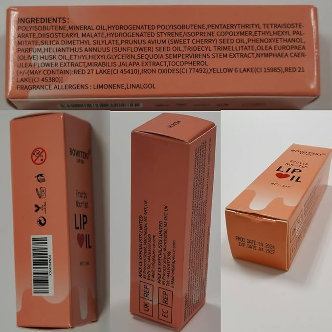 Bowitzki Lip Oil Lip Glow Gloss Hydrating Transparent Tinted Nourishing Long Lasting Lip Balm Care Moisturizing Repairing Lightening Lip Lines Blue Lotus Tocopherol Squalane (Peach)