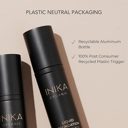 INIKA Organic Full Coverage Liquid Foundation Makeup with Hyaluronic Acid and Argan Oil, Vegan and Organic Foundation for Skin Elasticity and Plumpness, Natural Coverage, Cream, 30ml