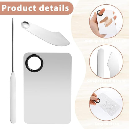 3 Pcs Makeup Spatula Korean Set Foundation Spatula Spoon Tool Make Up Mixing Palette Tray Facial Cosmetic Spatula Stainless Steel Skin Care Spatula for Face Eye Cream (Silver)