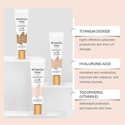 BB Tinted Moisturizer SPF 30, BB Tinted Care Primer, BB Tinted Care Primer with Brush, Full Coverage Light Medium Skin Tone Moisturizing and Smoothing (Natural*1 with Brush)