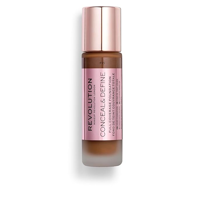 Revolution, Conceal & Define Foundation, Full Coverage, Long-Lasting Matte Finish, Vegan & Cruelty-Free, F15 Dark Skin Tones, 0.8 fl oz