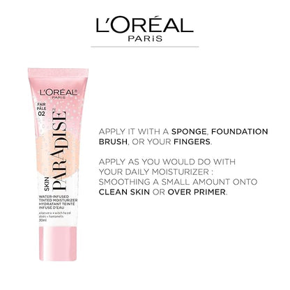 L'Oreal Paris Skin Paradise Water-infused Tinted Moisturizer with Broad Spectrum SPF 19 sunscreen lightweight, natural coverage up to 24h hydration for a fresh, glowing complexion, Light 02, 1 fl oz