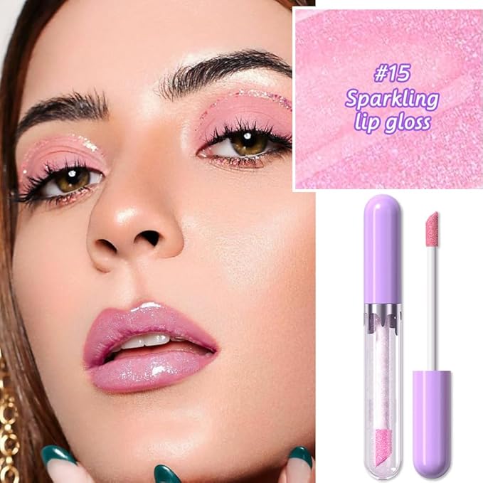 Glitter Liquid Lip Gloss,Orchid Shimmer Lipstick, Waterproof Shimmer Lip Stain Lip Glaze, High Shine Long Lasting Shiny Lip Color Makeup 15#