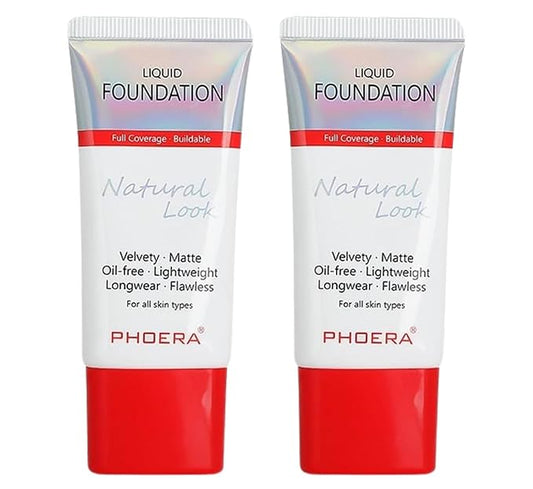 Phoera Foundation Full Coverage Makeup Set - 24hr Long Lasting Oil Control - Same Foundation Smarter Packaging - Inc x2 30ml Foundation (102 Nude)