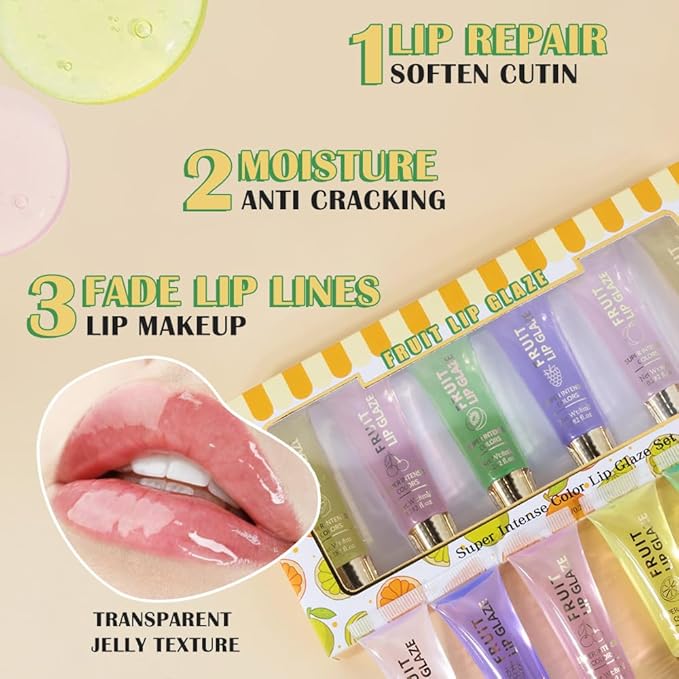 6 Pcs Ultra-Hydrating Lip Gloss Set with Vitamin Oils | High-Shine, Non-Sticky Lip Balm for Smooth, Nourished Lips (6pcs-clear fruit lip gloss kit, pack of 6)