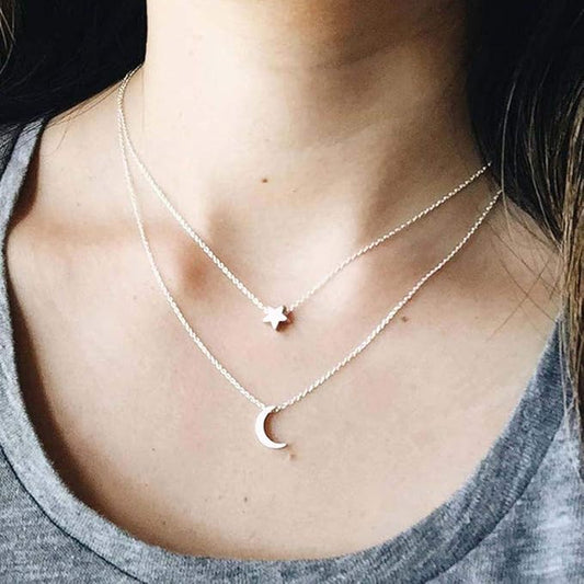 Bohemian Layered Necklace Moon Star Necklace Chain Long Pendant Necklaces Jewelry for Women and Girls (Silver)
