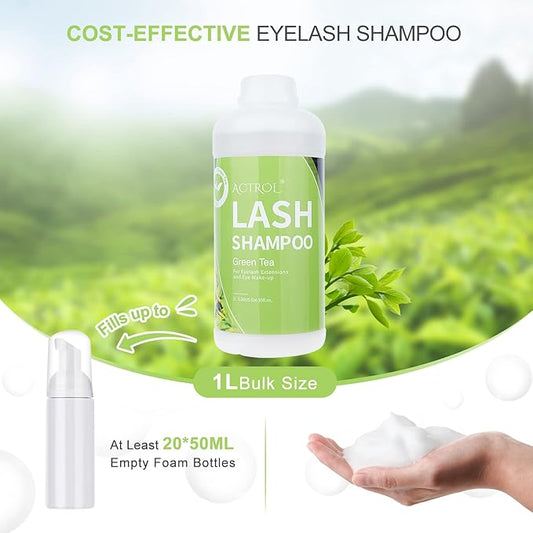 Eyelash Extension Cleanser Green Tea 1L Natural Lash Extension Shampoo Professional Eyelid Foaming Cleanser Paraben & Sulfate Free Non-lrritating with Salon and Home Care