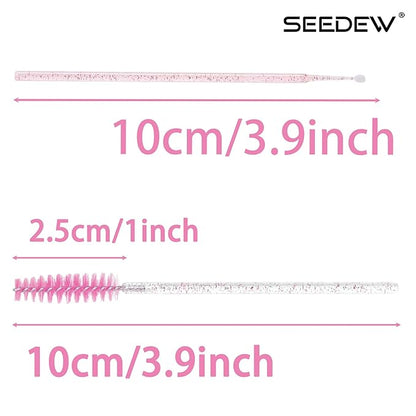 (400+300 Pieces) Pink Crystal Handle - 400 Cotton Swabs + 300 Brushes for Lash Extensions, Makeup (Simple Packaging)-(Crystal Pink)