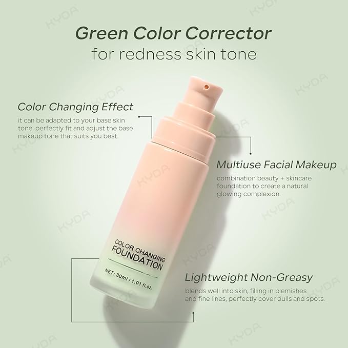 KYDA Green Color Changing Foundation, Color Correcting CC Cream with Centella, Even Red Skin Tone, Lightweight Non-Greasy, Hydrating, Sheer Coverage, Multiuse Face Concealer with Natural Finish