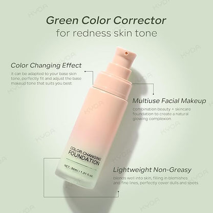 KYDA Green Color Changing Foundation, Color Correcting CC Cream with Centella, Even Red Skin Tone, Lightweight Non-Greasy, Hydrating, Sheer Coverage, Multiuse Face Concealer with Natural Finish