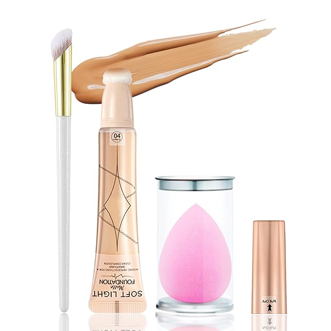 Foundation Beauty Wand Kit, Long-lasting Waterproof Matte Concealer Foundation Cream,Cover Face Pores Spots Silky Breathable Foundation Stick,Valentine's Day Makeup Gift Set for Women-04 Wheat