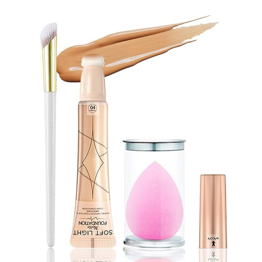 Foundation Beauty Wand Kit, Long-lasting Waterproof Matte Concealer Foundation Cream,Cover Face Pores Spots Silky Breathable Foundation Stick,Valentine's Day Makeup Gift Set for Women-04 Wheat