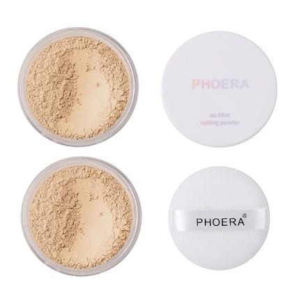 2 Pack PHOERA Setting Powder,Control Oil Brighten Skin Color Cover Blemish Whitening Face Makeup Lasting,Velour Powder Puff (102 Cool Beige)