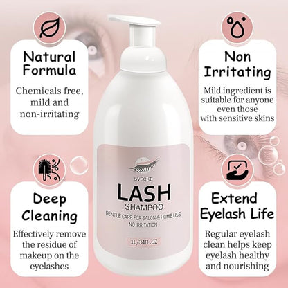 Lash Shampoo 34fl.oz/1L, Eyelash Shampoo for Lash Extension, Eyelash Extension Cleanser, Lash Eyelid Foam Cleaning Kit for Salon Use and Home Use