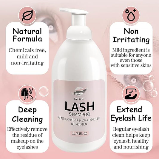 Lash Shampoo 34fl.oz/1L, Eyelash Shampoo for Lash Extension, Eyelash Extension Cleanser, Lash Eyelid Foam Cleaning Kit for Salon Use and Home Use