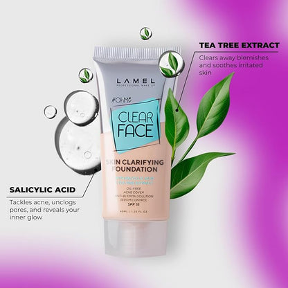 Oh My Clear Face Full Coverage Foundation for Oily & Acne Prone Skin, Salicylic Acid & Tea Tree Extract, Anti-Blemish Sensitive Skin Care, Organic & Oil-Free, 403 Neutral, 40 ml / 1.35 fl.oz