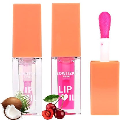 Bowitzki 2 Pieces Hydrating Lip Oil, Lip Gloss Glow Transparent Toot Tinted Nourishing Long Lasting Repairing Lightening Lip Lines Balm Repairing Lightening Lip Lines (Coconut+Cherry)