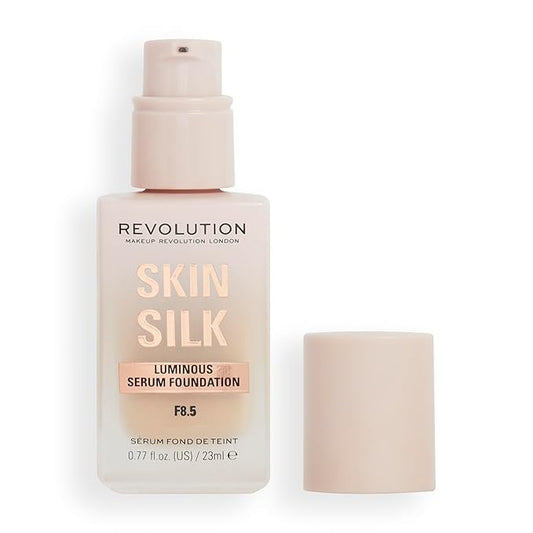 Revolution, Skin Silk Serum Foundation, Light to Medium Coverage, Lightweight & Radiant Finish, Contains Hyaluronic Acid, F8.5 Medium Skin Tones, 0.77 fl oz
