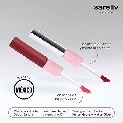 SARELLY CREATIVO LAB | Duo Telenovela Lips Matte & Gloss Lip Kit | Red Lipstick + Non-Sticky Gloss | Vegan Leather Case