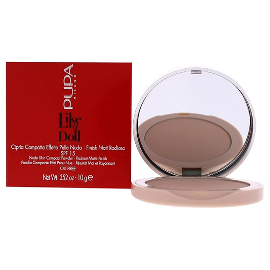 PUPA Milano Like A Doll Nude Skin Compact Face Powder SPF 15 - Adjustable Coverage From Light To Medium - Blends Perfectly With The Skin - Ideal For All Skin Types - 002 Sublime Nude - 0.352 Oz