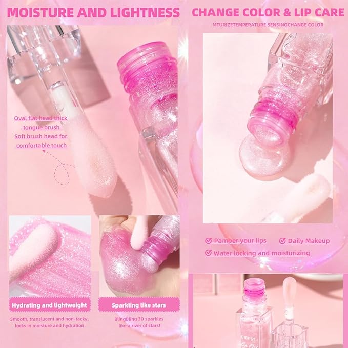 Hydrating Lip Gloss Transparent Lip Care,Magic Color Changing Moisturizing Lip Glow Oil Plumping Glimmer Glow Lipstick, Long Lasting Non-sticky Fresh Texture Lip Oil(Q2394-5#Change Color)