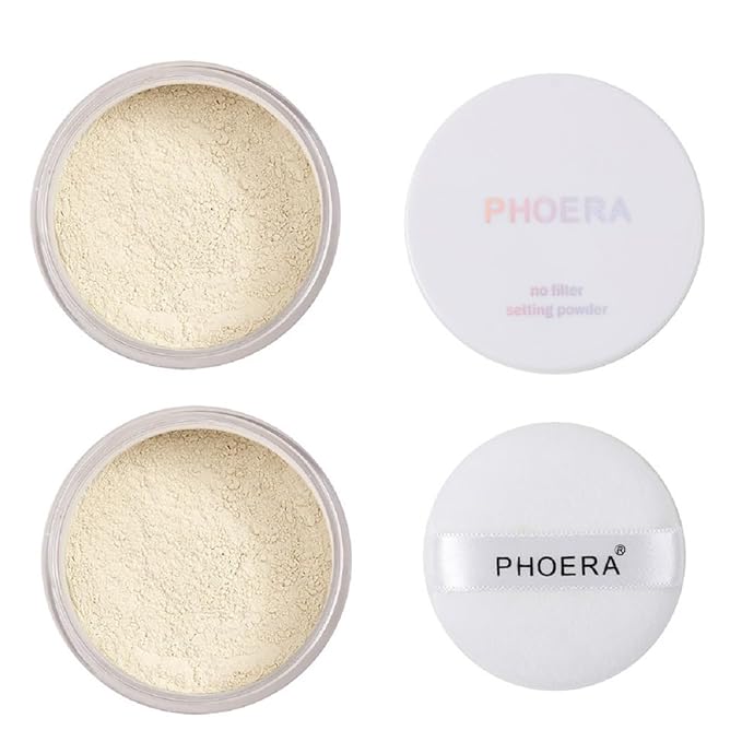 2 Pack PHOERA Setting Powder,Control Oil Brighten Skin Color Cover Blemish Whitening Face Makeup Lasting,Velour Powder Puff (101 Translucent)