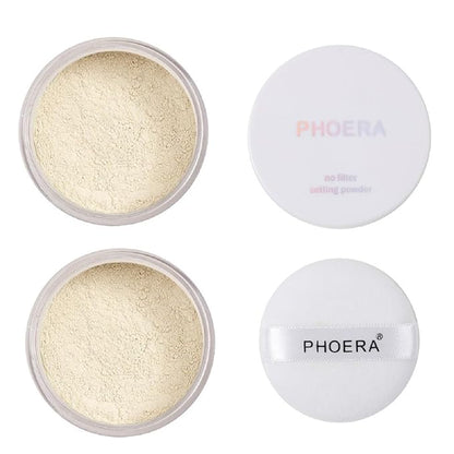 2 Pack PHOERA Setting Powder,Control Oil Brighten Skin Color Cover Blemish Whitening Face Makeup Lasting,Velour Powder Puff (101 Translucent)