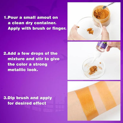 Gold Face Body Paint Metallic Powder Kit, Highly Pigmented Golden Metal Powder Face Painting with Mixing Liquid (1.06oz) and 2 Brushes, Halloween Makeup Kit for Special FX, Stage, Cosplay, Craft, Cos