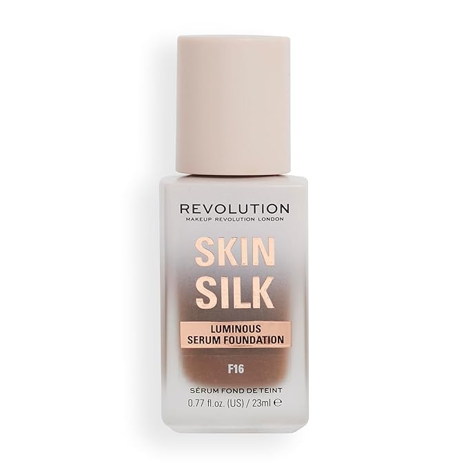 Revolution, Skin Silk Serum Foundation, Light to Medium Coverage, Lightweight & Radiant Finish, Contains Hyaluronic Acid, F16 Deep Skin Tones, 0.77 fl oz