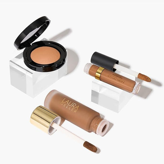 LAURA GELLER NEW YORK Redness Care Kit: Double Take Liquid Foundation, Deep + Ideal Fix Concealer, Deep + Baked Blurring and Setting Powder, Tan/Deep