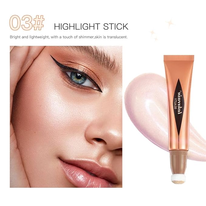 Go Ho Liquid Highlighter Wand,White Pink Highlighter Makeup Stick with Cushion Applicator,Smooth Creamy Liquid Highlighter Blendable Glowing Face Illuminator Contouring Makeup,03# Highlighter Makeup