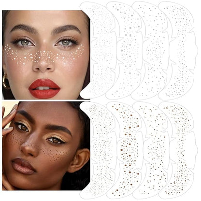 8Ps Face Glitter Speckles Patches, 2Colors 4styles Glitter Freckles Face Tattoo, Glow Up Makeup Patches, Cute Glitter Makeup Accessories for Women, Cosmetic Glitter for Face Gift